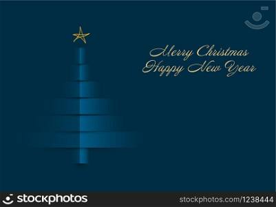 Simple white vector christmas card template with tree made from blue paper stripes. Christmas card with tree made from paper stripes
