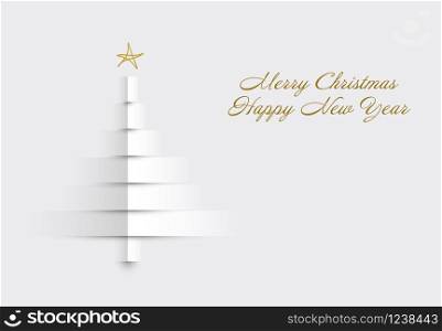 Simple white vector christmas card template with tree made from white paper stripes. Christmas card with tree made from paper stripes