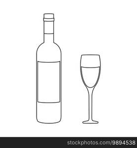 Simple white wine bottle and wine glass in outline vector