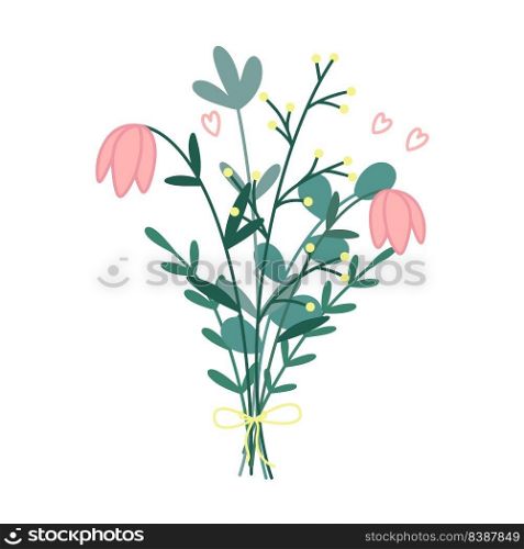 Simple wild flowers bouquet doodle style isolated vector. Hand drawn bunch flowers and foliage botanical decoration for postcard prints. Delicate summer blossom clipart. Simple wild flowers bouquet doodle style isolated vector