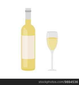 Simple wine bottle and white wine glass for wine tasting concept in outline vector