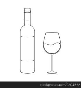 Simple wine bottle and wine glass for wine tasting concept in outline vector