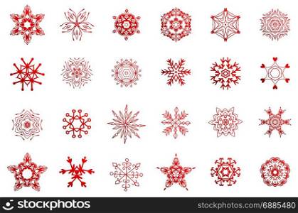 Simple winter snowflakes. Set of red winter snowflakes on white background