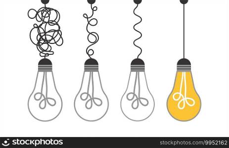 Simplification concept art with light bulb idea. Simple and creative think or search creative idea. Difficulty curve doodle path chaos. Untangle curve complex scribble vector illustration. Problem way