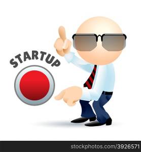Simplified man with pointing fingers and startup button. Business concept illustration.