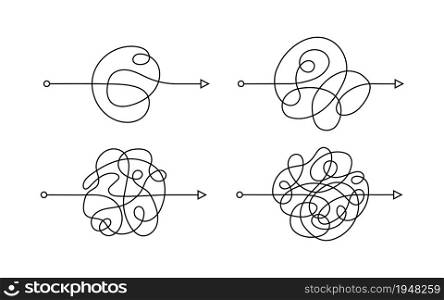 Simplifying process. Scribble chaos lines with arrows. Process of understanding. Difficult way to solve problems in business. Hand drawn doodle vector illustration isolated. Editable stroke.. Simplifying process. Scribble chaos lines with arrows. Process of understanding. Difficult way to solve problems in business. Hand drawn doodle vector illustration isolated. Editable stroke
