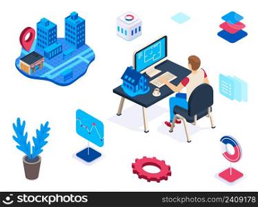 Simulations icons. Male character sitting at desktop computer and planing apartment or house building. City map hologram with block of flats and shop, immersive device vector illustration. Simulations icons. Male character sitting at desktop computer and planing apartment or house building. City map