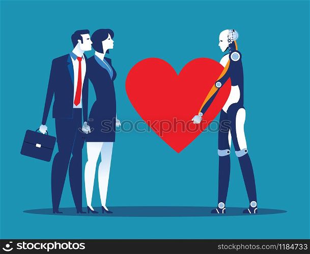 Sincerity. Robot giving heart for Human. Concept business vector illustration.