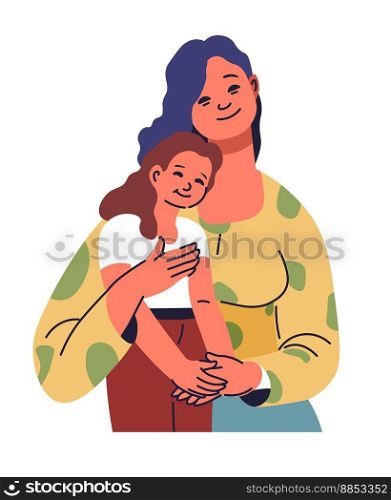 Sing≤mom, isolated mother and daughter cuddling and smiling. Happy family, close relationships between mommy and kid. Smallχld byμm, care and bonding time. Vector in flat sty≤illustration. Mother hugging daughter, happy family sing≤mom
