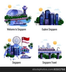 Singapore 2x2 design concept set of famous landmarks and city skyscrapers in central business district flat vector illustration. Singapore 2x2 Design Concept