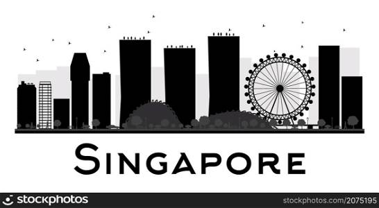 Singapore City skyline black and white silhouette. Vector illustration. Simple flat concept for tourism presentation, banner, placard or web site. Business travel concept. Cityscape with landmarks