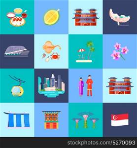 Singapore Culture Flat Icon Set. Singapore culture colored flat icon set with main attractions in little circles vector illustration