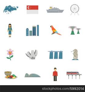 Singapore Culture Flat Icons Set. Best tourists attractions in singapore and national cultural symbols flat icons set abstract vector isolated illustration