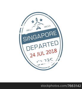 Singapore departed oval visa st&isolated grunge icon with airplane and date. Vector departure from Malaysia airport sign, international border control rubber seal, Indonesia destination. Visa st&isolated st&, Departed from Singapore