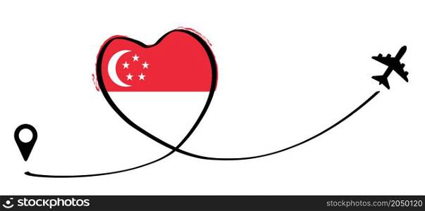 Singapore flag, Love Romantic travel airplane line path of air plane flight route with start point icon. Air plane flying. Vector fly pin location pointer route, trace and rack sign. For happy romance vacation, holliday fun.