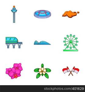 Singapore icons set. Cartoon illustration of 9 Singapore vector icons for web. Singapore icons set, cartoon style