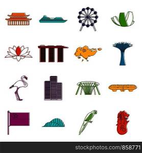 Singapore icons set. Doodle illustration of vector icons isolated on white background for any web design. Singapore icons doodle set