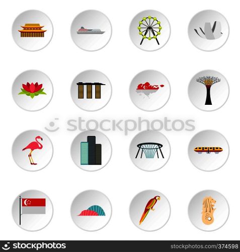 Singapore icons set. Flat illustration of 16 Singapore vector icons for web. Singapore icons set, flat style