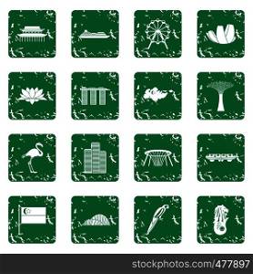 Singapore icons set in grunge style green isolated vector illustration. Singapore icons set grunge