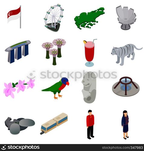 Singapore icons set in isometric 3d style isolated on white background. Singapore icons set, isometric 3d style