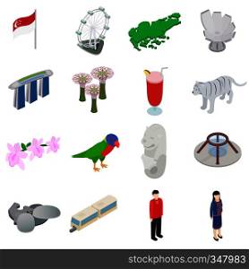 Singapore icons set in isometric 3d style isolated on white background. Singapore icons set, isometric 3d style