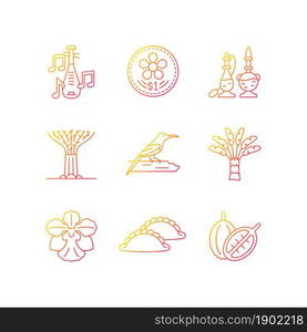 Singapore identity gradient linear vector icons set. Native trees and flowers. Singaporean cuisine. Folk music. Thin line contour symbols bundle. Isolated outline illustrations collection. Singapore identity gradient linear vector icons set