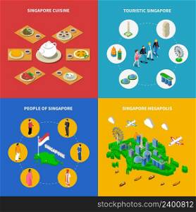Singapore map with touristic attractions megapolis cityscape and national cuisine 4 isometric icons poster abstract vector isolated illustration. Singapore Travel Isometric 4 Icons Square