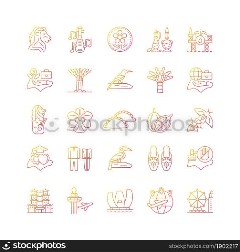 Singapore national symbols gradient linear vector icons set. Tourist attractions. Living in Singapore. Flora and fauna. Thin line contour symbols bundle. Isolated outline illustrations collection. Singapore national symbols gradient linear vector icons set