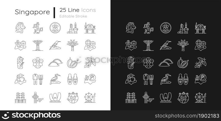 Singapore national symbols linear icons set for dark and light mode. Tourist attractions. Living in Singapore. Customizable thin line symbols. Isolated vector outline illustrations. Editable stroke. Singapore national symbols linear icons set for dark and light mode