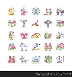 Singapore national symbols RGB color icons set. Tourist attractions. Living in Singapore. Flora and fauna. Popular street food. Isolated vector illustrations. Simple filled line drawings collection. Singapore national symbols RGB color icons set