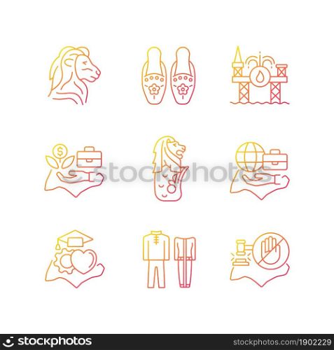 Singapore national values gradient linear vector icons set. Quality of living. Traditional costumes. Sightseeing places. Thin line contour symbols bundle. Isolated outline illustrations collection. Singapore national values gradient linear vector icons set