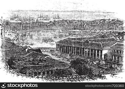 Singapore or Republic of Singapore, during the 1890s, vintage engraving. Old engraved illustration of Singapore with river in between and back.
