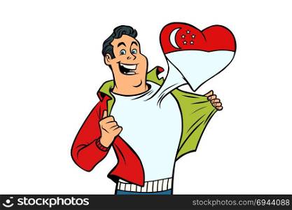 Singapore patriot male sports fan flag heart. isolated on white background. Comic book cartoon pop art retro illustration. Singapore patriot isolated on white background