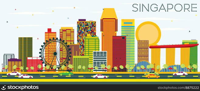 Singapore Skyline with Color Buildings and Blue Sky. Vector Illustration. Business Travel and Tourism Concept. Image for Presentation Banner Placard and Web Site.