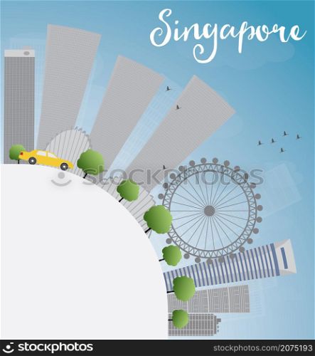 Singapore skyline with grey landmarks, blue sky and copy space. Vector illustration. Business travel and tourism concept with place for text. Image for presentation, banner, placard and web site.