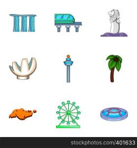 Singapore symbols icons set. Cartoon illustration of 9 Singapore symbols vector icons for web. Singapore symbols icons set, cartoon style