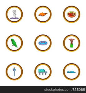 Singapore symbols icons set. Cartoon style set of 9 Singapore symbols vector icons for web design. Singapore symbols icons set, cartoon style