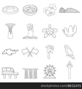 Singapore travel set icons in outline style isolated on white background. Singapore travel icon set outline