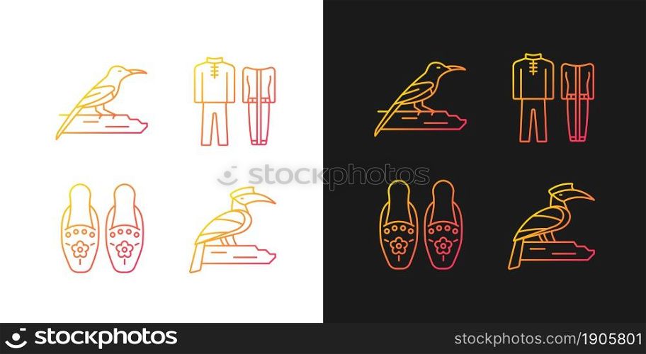 Singaporean bird species gradient icons set for dark and light mode. Traditional costume. Thin line contour symbols bundle. Isolated vector outline illustrations collection on black and white. Singaporean bird species gradient icons set for dark and light mode