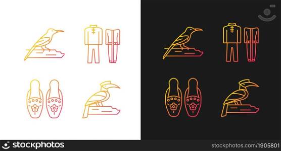 Singaporean bird species gradient icons set for dark and light mode. Traditional costume. Thin line contour symbols bundle. Isolated vector outline illustrations collection on black and white. Singaporean bird species gradient icons set for dark and light mode