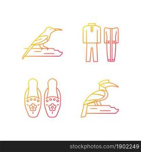 Singaporean bird species gradient linear vector icons set. Traditional Singapore costume. Beaded slippers. Tropical bird. Thin line contour symbols bundle. Isolated outline illustrations collection. Singaporean bird species gradient linear vector icons set