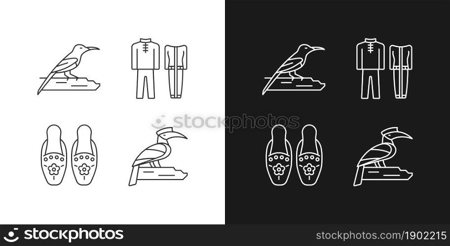 Singaporean bird species linear icons set for dark and light mode. Traditional Singapore costume. Tropical bird. Customizable thin line symbols. Isolated vector outline illustrations. Editable stroke. Singaporean bird species linear icons set for dark and light mode