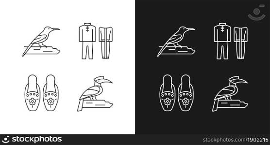 Singaporean bird species linear icons set for dark and light mode. Traditional Singapore costume. Tropical bird. Customizable thin line symbols. Isolated vector outline illustrations. Editable stroke. Singaporean bird species linear icons set for dark and light mode