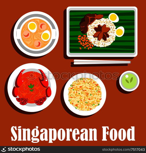 Singaporean dinner icon with flat symbols of fried rice nasi goreng ...