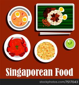 Singaporean dinner icon with flat symbols of fried rice nasi goreng, chilli crab, spicy noodle soup laksa with prawns, chicken rice with hard boiled eggs and chicken liver, served on banana leaf with chopsticks and cup of green tea. National dishes of singaporean cuisine flat icon