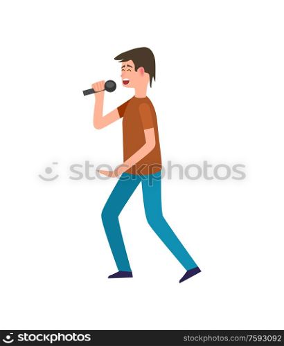 Singer holding microphone, giving performance isolated man vector. Human wearing casual clothes singing using mic, hobby and leisure for male walking. Singer Holding Microphone Performance Isolated
