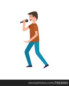 Singer holding microphone, giving performance isolated man vector. Human wearing casual clothes singing using mic, hobby and leisure for male walking. Singer Holding Microphone Performance Isolated