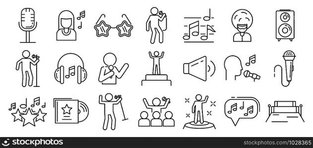 Singer icons set. Outline set of singer vector icons for web design isolated on white background. Singer icons set, outline style