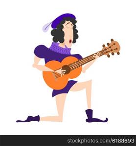 Singer in an old suit with a guitar. Artist serenaded with a guitar in his hands. Cartoon &#xA;illustration of a serenade. Stock vector