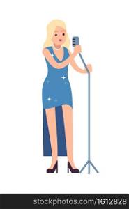 Singer performing. Female vocalist stands in blue dress with microphone and sings song, musical performance. Karaoke or symphony concert entertainment concept flat vector cartoon isolated illustration. Singer performing. Female vocalist stands with microphone and sings song, musical performance. Karaoke or symphony concert, entertainment concept flat vector cartoon isolated illustration